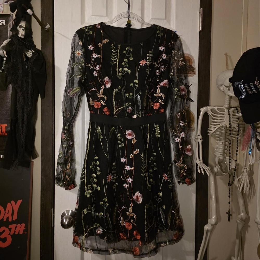 SHEIN Black Floral Embroidered Long Sleeve Mesh Dress
